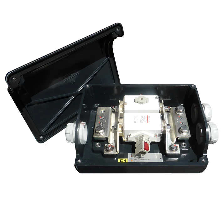 Open Black Fuse Box with open cover and parallel fuses with microswitch